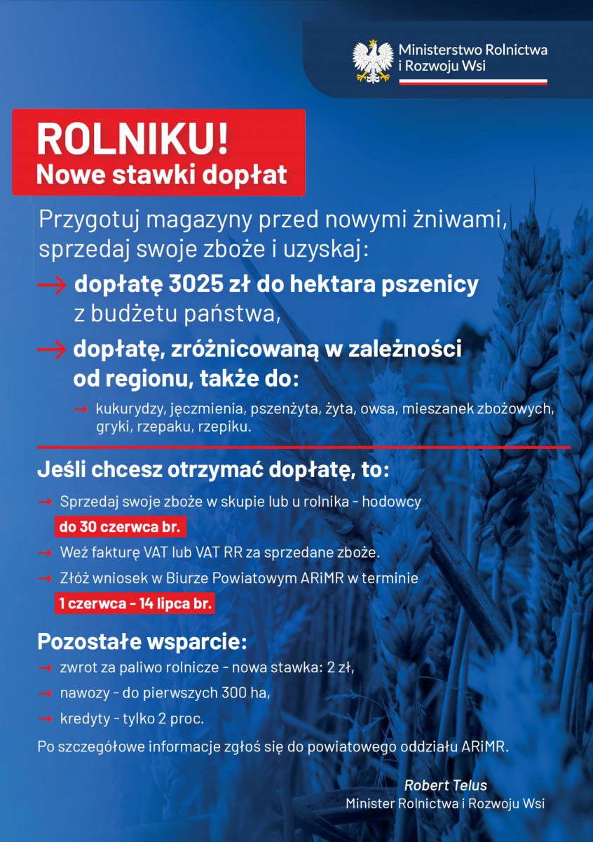 Nowe stawki dopłat do zbóż oraz rzepaku i rzepiku - informacja Ministra Rolnictwa i Rozwoju Wsi