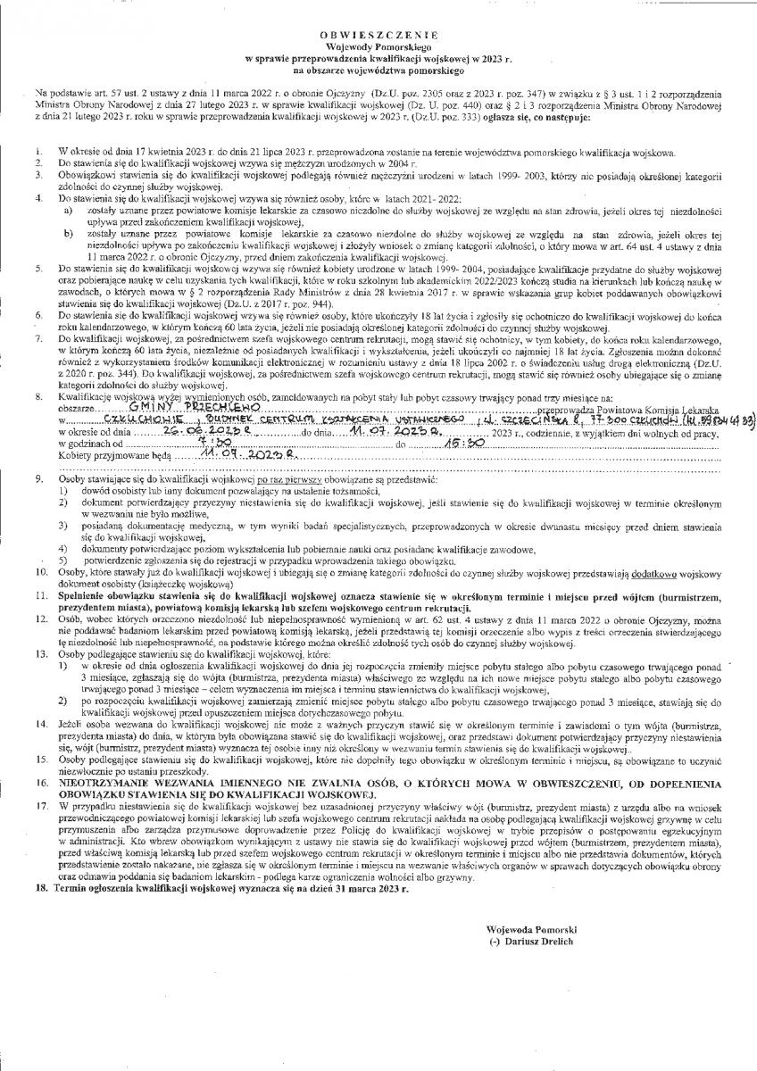 Obwieszczenie Wojewody Pomorskiego w sprawie przeprowadzenia kwalifikacji wojskowej w 2023 r. na obszarze województwa pomorskiego